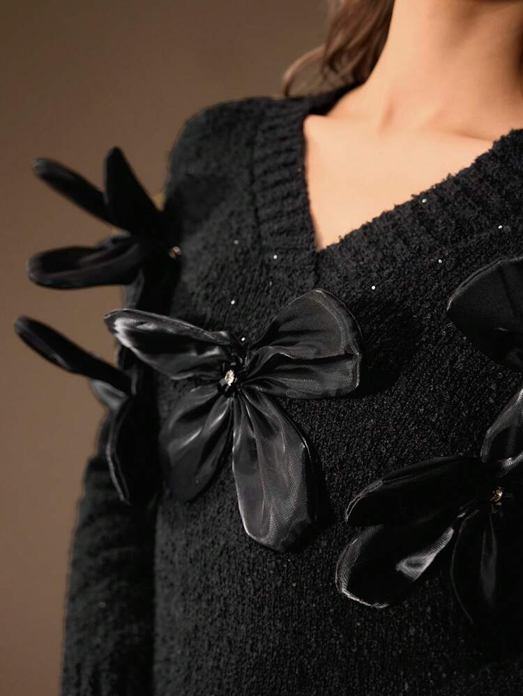 FLORAL PATCHED V NECK SWEATER KNIT PULLOVER FALL WINTER