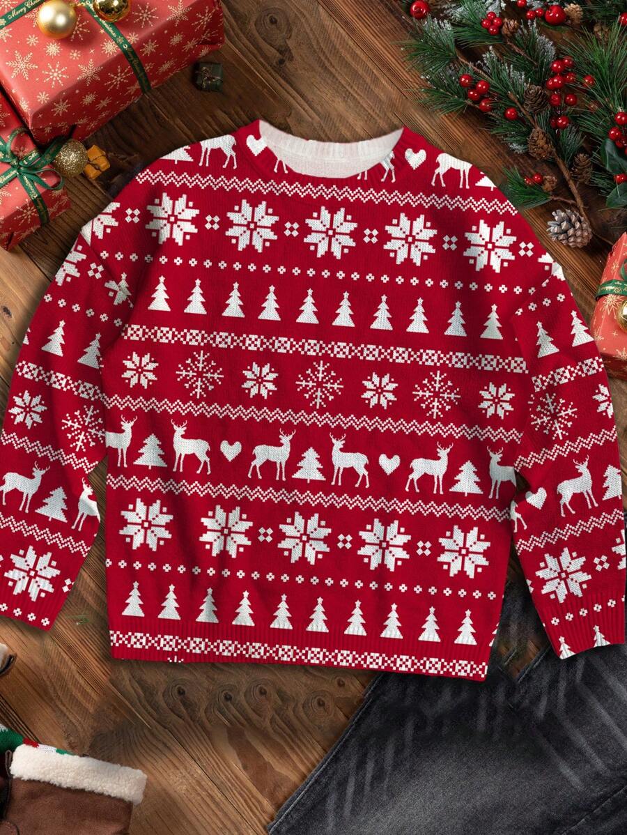 SHEIN LUNE 女式圣诞毛衣，带雪花、驯鹿和圣诞树图案，宽松圆领针织毛衣，秋冬装 - 紅色 - 查看 1