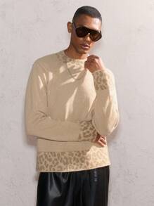 AKNOTIC Party Áo len dệt kim dáng rộng cổ đứng nhỏ họa tiết da báo kaki cho nam, dáng rộng thả vai, tay dài, vừa vặn, thích hợp cho mùa thu/đông, thường ngày, tiệc tùng, năm mới, đàn ông thành đạt, quà tặng bạn trai - Màu Khaki - Xem 6