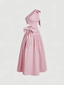 SHEIN MOD 女士无袖优雅大蝴蝶结吊带粉色连衣裙，送女装，除夕晚礼服，节日礼服，女士夏季连衣裙，茶会礼服，女士柔和色调连衣裙 - 粉色 - 查看 5