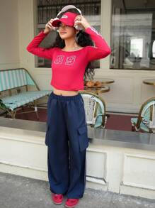 SHEIN Explorewe 2pcs/Set Teen Girl Off-Shoulder Long Sleeve Numeric Print Minimalist Blouse & Pants Set - Red - View 6