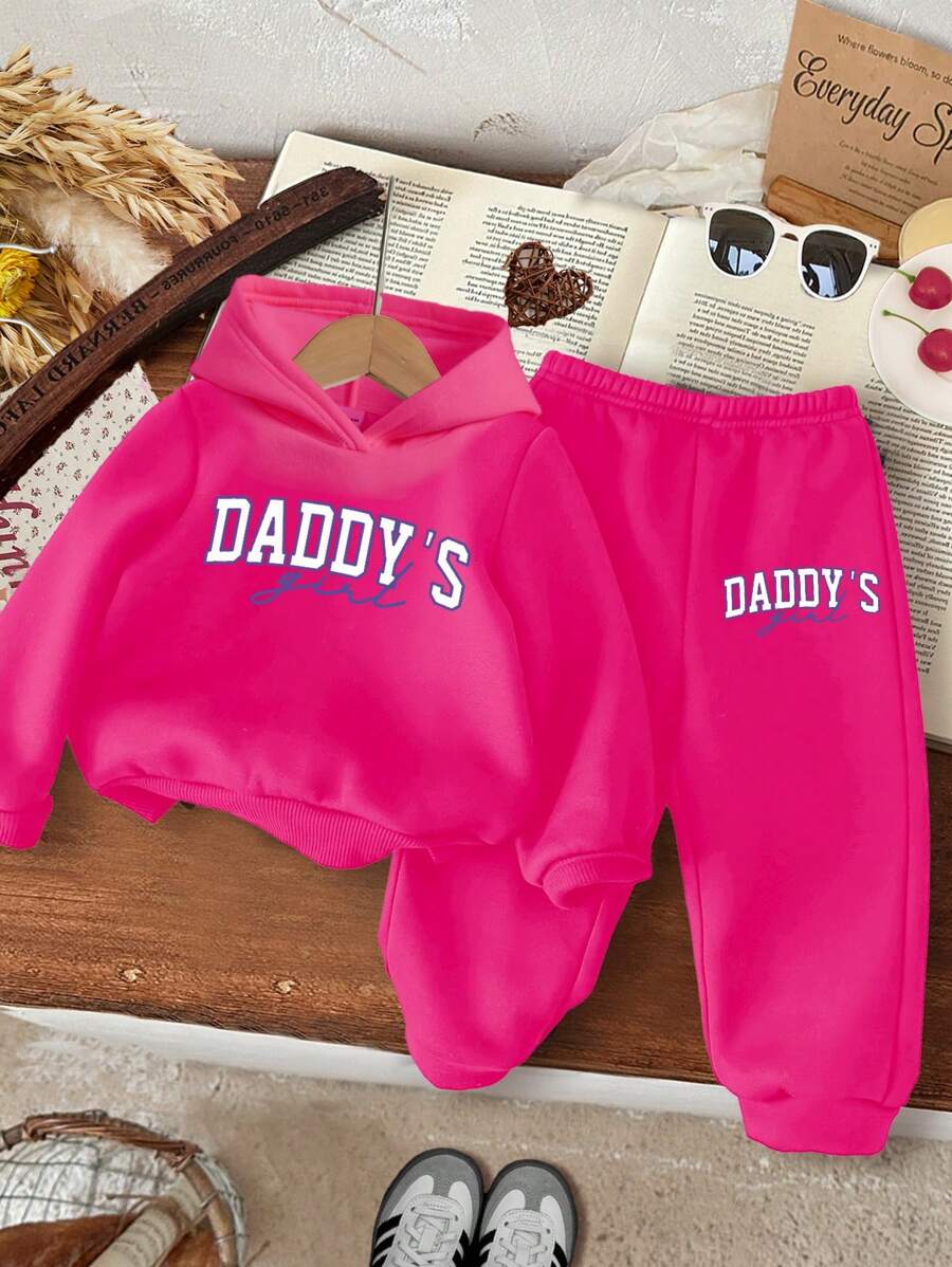 SHEIN ModeFlare Wear Baby Girl Knitted Soft Hooded Casual Minimalist Loose Long Sleeve Sweatshirt & Pants Set, Suitable For Autumn/Winter - Hot Pink - View 1