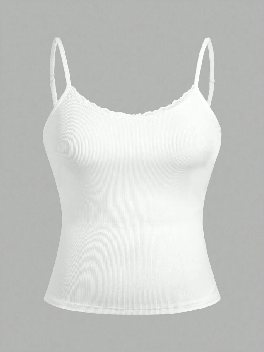 Flirla Women's Basic V-Neck Lace Trim Adjustable Spaghetti Strap Stretchy Knit Camisole Top - White - View 1