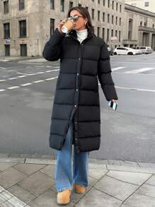 SHEIN Cottnline 女士黑色高领羽绒口袋细节冬季外套 - 黑色 - 查看 8