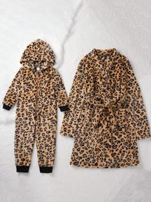 年轻女孩豹纹法兰绒长袖连帽连体衣保暖睡衣家居服 - 彩色 - 查看 4