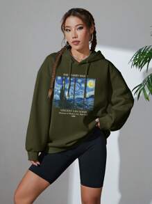 INAWLY 女士印花休闲连帽卫衣，日常穿着套头衫，秋季款 - 橄欖綠 - 查看 5