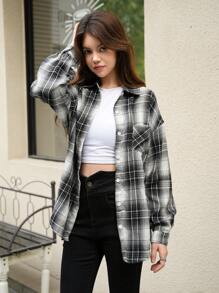 SHEIN Explorewe 青少年女孩秋冬格纹宽松休闲简约都市通勤衬衫 - 彩色 - 查看 6