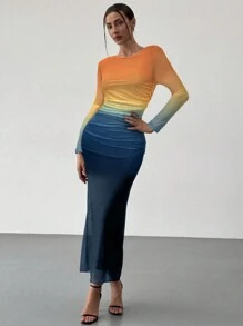 Aloruh American Style Gradient Mesh Strapless Bodycon Dress - Multicolor - View 3