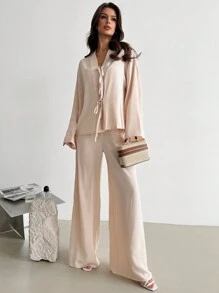 Firerie 2 件套女士休闲系带宽松上衣和高腰弹力宽松裤套装，复古风格，秋冬 - 杏色 - 查看 7