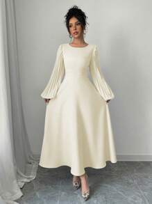 Elenzga 女士圆领收腰喇叭褶皱优雅日常连衣裙 - 杏色 - 查看 1