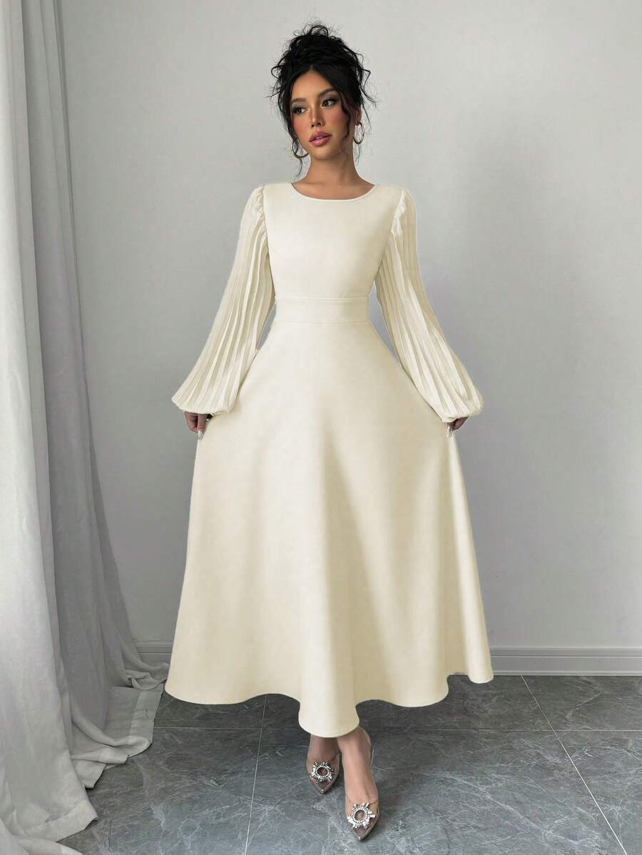 Elenzga 女士圆领收腰喇叭褶皱优雅日常连衣裙 - 杏色 - 查看 1