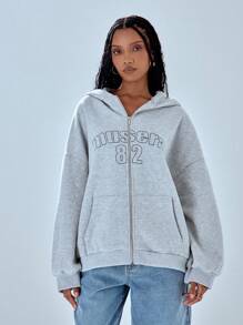 MUSERA Áo nỉ có mũ trùm đầu dáng rộng, khóa kéo, in chữ 82, kiểu dáng thường ngày. - Xám - Xem 1