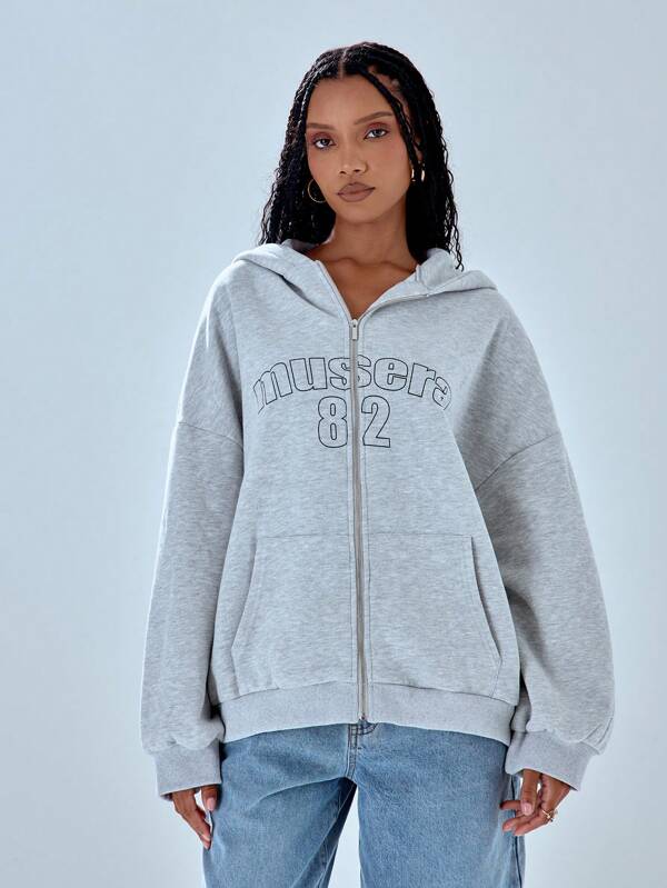 MUSERA '82' Slogan Oversized Zip Through Hooded Sweatshirt
