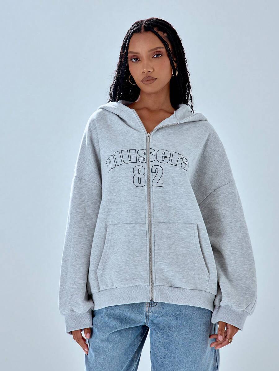MUSERA Áo nỉ có mũ trùm đầu dáng rộng, khóa kéo, in chữ 82, kiểu dáng thường ngày. - Xám - Xem 1