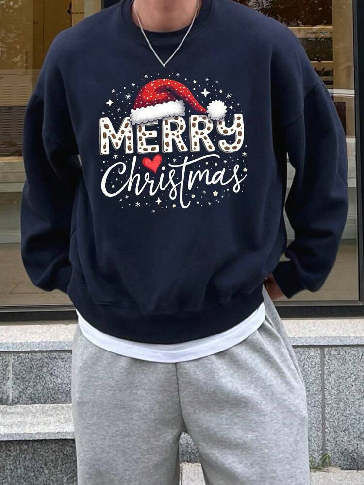 Christmas Slogan Print Casual Crew Neck Long Sleeve Pullover Sweatshirt For Men, Autumn/Winter