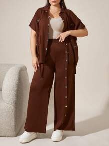 RueChic 2 Pcs Button Detail Sweater Pant+ Belted Sweater - Brown - View 7