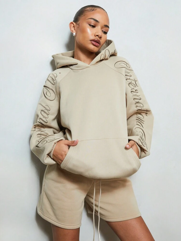 SUMWON Overhead Kangaroo Pocket Hoodie Sweatshirt With Script Embroidery,Long Sleeve Tops