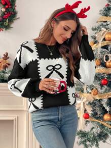 SHEIN LUNE Color Block Bow Decor Knit Sweater, Casual For Autumn/Winter Knit Pullover Fall - Black - View 3