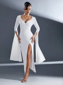 Hauture Robe midi à manches longues drapée avec décolleté en V profond et fente latérale, Robe de fête de Noël blanche - Blanc - Voir 5