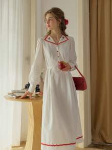 Simple Retro 女装春夏休闲平驳领撞色玫瑰刺绣白色优雅复古优雅情人节长连衣裙 - 白色 - 查看 4