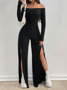 SHEIN Unity Black Off Shoulder Long Sleeve Straight Jumpsuit With Front High Slit, Fleeced Ribbed Fabric, Fashionable Casual Plain Style For Women In Autumn - Black - View 1
