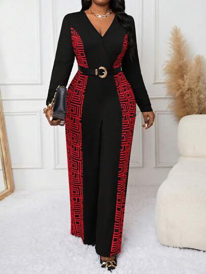 Fleurora 2025 New Spring And Summer Autumn And Winter Elegant Commuting Vintage Office Black  Knitted Overlap Collar Straight Long  Long Sleeve Plus Size Jumpsuits Winter Women Clothes Thanksgiving Women Outfit  Halloween Costumes Christmas Clothes Stylish Clothing Collection Christmas Outfit Winter Clothes For Women