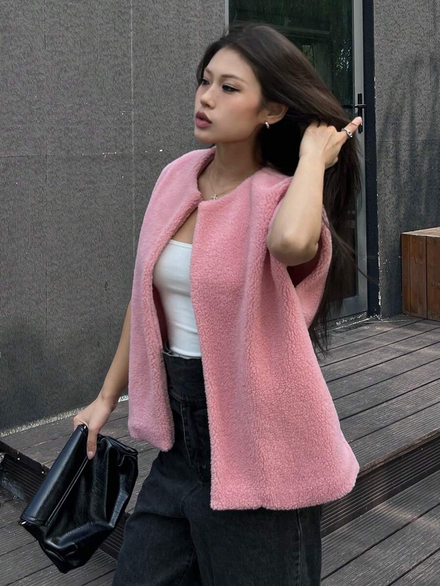 INAWLY 女士纯色无袖简约夹克，休闲日常穿着 - 粉色 - 查看 1