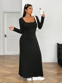 SHEIN EZwear Einfaches langes Kleid in Vollton mit langen Ärmeln in Große Größen, Lässig Alltagskleidung - Schwarz - Übersicht 5