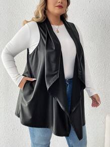 SHEIN CURVE+ Plus Size Women Solid Color Waterfall Collar PU Leather Sleeveless Casual Jacket Winter Autumn - Black - View 7