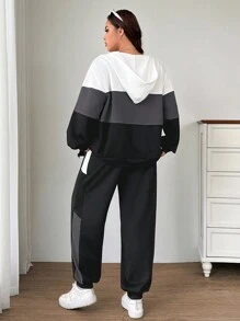 SHEIN EZwear Bộ 2 món/Bộ đồ thể thao thường ngày in khẩu hiệu màu tương phản cỡ lớn, áo khoác nỉ + quần dài, bộ đồ thể thao, mùa thu/đông - Xám - Xem 2