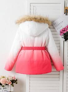 Girls Ombre Print Cinched Waist Down Parka With Fur Collar, Suitable For Daily Casual Wear, Birthdays, Parties, Winter