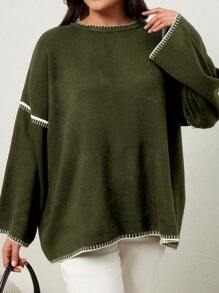 EURMUSE Plus Contrast Trim Drop Shoulder Sweater For Autumn & Winter - Army Green - View 3