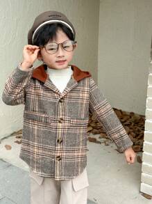 Young Boy Plaid Splice Long Sleeve Colorblock Hooded Casual Loose Jacket, Winter
