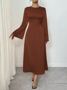 SHEIN Clasi 女士优雅长喇叭袖纯色露背交叉系带连衣裙，适合圣诞节和新年长款女装 - 棕色 - 查看 6