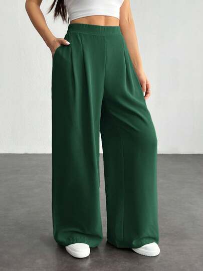 SHEIN PETITE Women's Solid Color Simple Daily Basic Wide Leg Pants