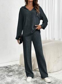 SHEIN LUNE 2pcs Women Winter New Apricot Basic Warm Homewear Set, Polo Collar Long Pants Brown Lounge Set - Dusty Blue - View 3