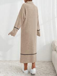 EURMUSE Color Block Mock Neck Long Sleeve Casual Dress, For Everyday Wear - Beige - View 2