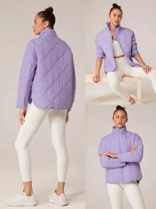 GLOWMODE Lightweight Warm Matte Quilted High Collar Relaxed Fit Curved Slits Hem Jacket With Snap Closure Side Pockets Daily Casual Winter