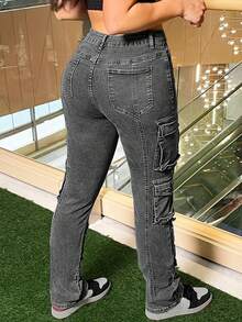 女式修身工装牛仔裤，带多个口袋，女式弹力牛仔裤