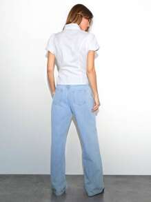 Flirla Blouse femme de mode à manches bouffantes, col claudine, couleur unie, design fendu avec froncé, coupe slim. Pour les femmes, idéale pour le réveillon de Noël