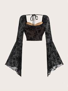 SHEIN MOD 针织植绒网眼印花水钻领喇叭袖短款修身女式上衣 - 黑色 - 查看 2