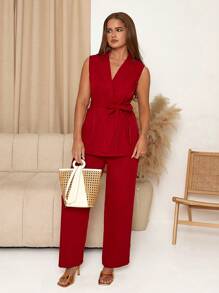 SHEIN Clasi Women 2 Pieces Set Consisting Of Collar Vest And Pants, Autumn Clothing - Pink - View 1