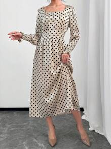 Chiquease 女士优雅长款圆点灯笼袖连衣裙超长款女装 - 杏色 - 查看 1