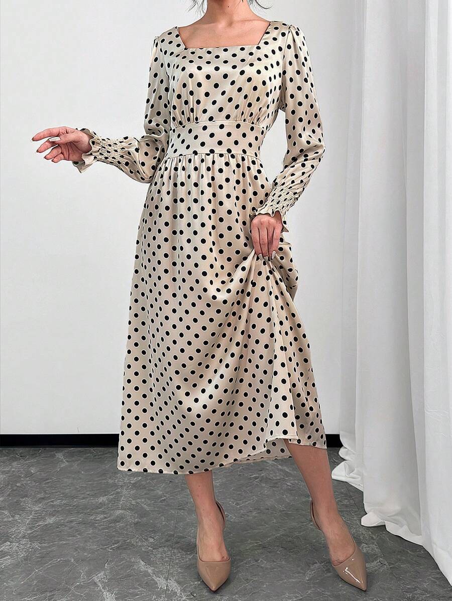 Chiquease 女士优雅长款圆点灯笼袖连衣裙超长款女装 - 杏色 - 查看 1