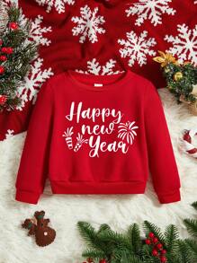SHEIN 新年快乐，圣诞节，冬季可爱家庭款男童休闲字母印花日常舒适加厚针织长袖卫衣，适合秋冬季穿着 - 紅色 - 查看 2
