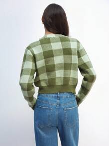 Maija 女式格子 V 领长袖单排扣休闲开衫，秋冬 - 橄欖綠 - 查看 3