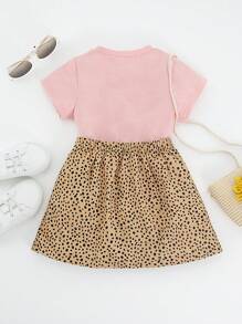 SHEIN 2pcs/Set Young Girl Round Neck Short Sleeve Printed Minimalist Top And A-Line Skirt