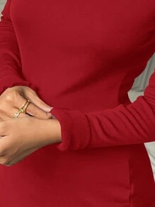 SHEIN EZwear Váy bó sát co giãn dệt kim màu đỏ dành cho nữ, mùa thu/đông - Đỏ - Xem 7