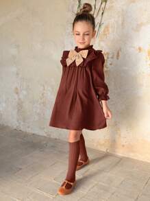 SHEIN LMoss Kids LMoss Young Girls Colorblock Bow Decor Long Sleeve Loose Ruffle Hem Dress - Brown - View 6
