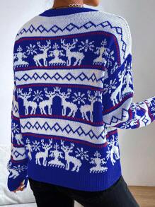 SHEIN LUNE Women's Round Neck Long Sleeve Cute Christmas Elk Pattern Detail Minimalist Sweater, Casual For Daily Wear Knit Pullover Fall Winter